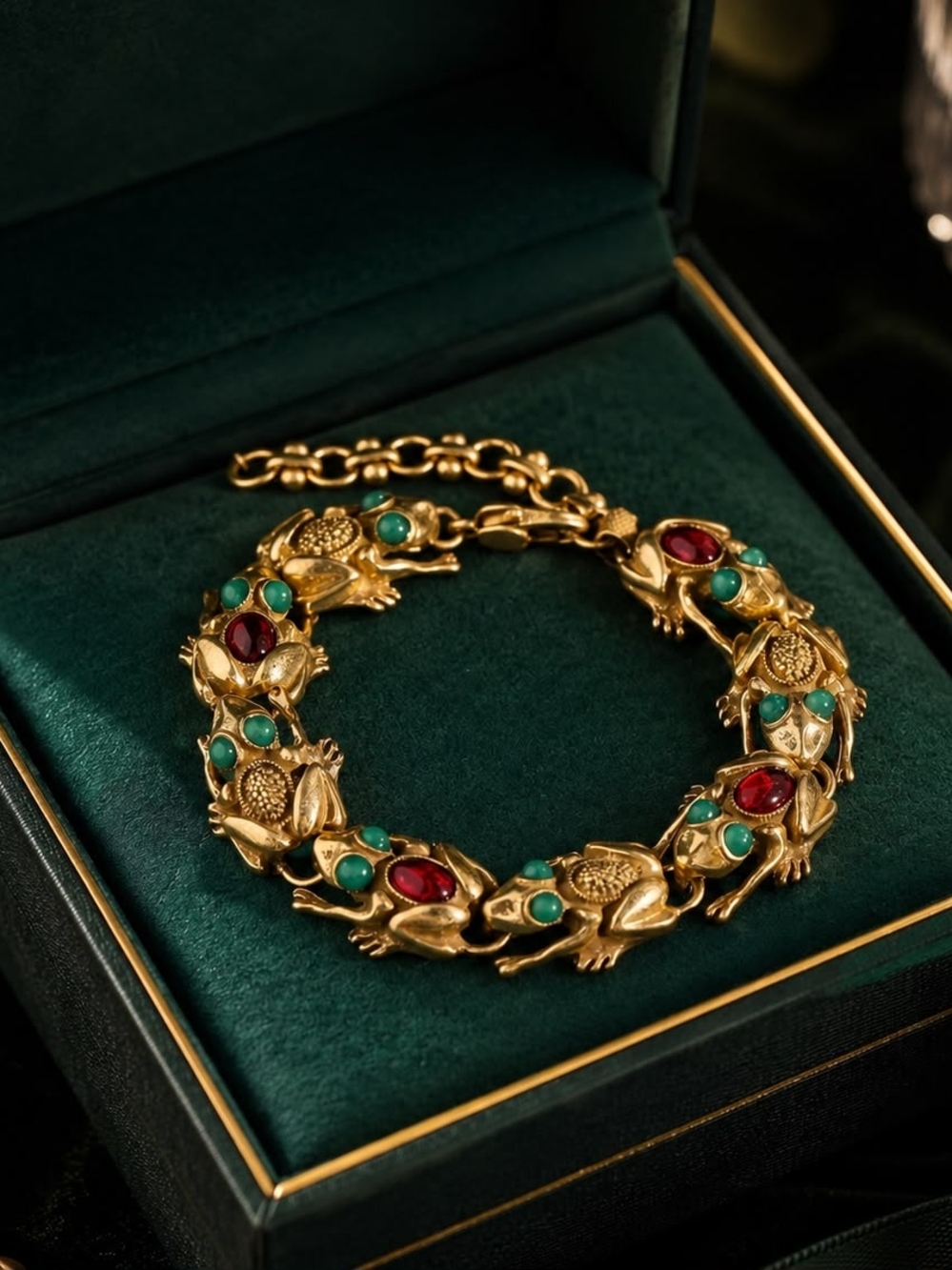 Vintage Gold-Tone Frog Link Bracelet with Green and Red Stones